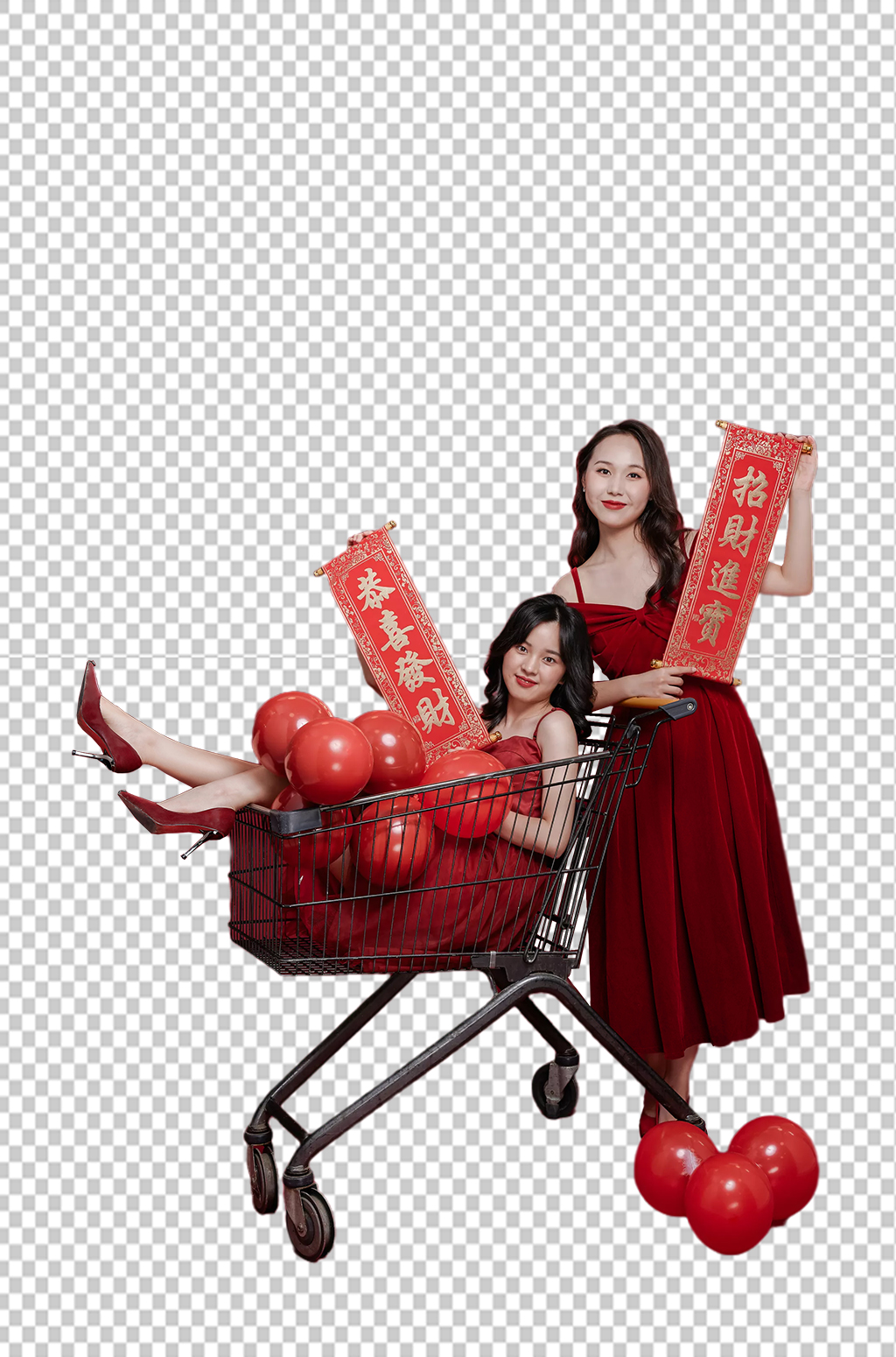红裙子女生双人新年购物精修PNG摄影图素材
