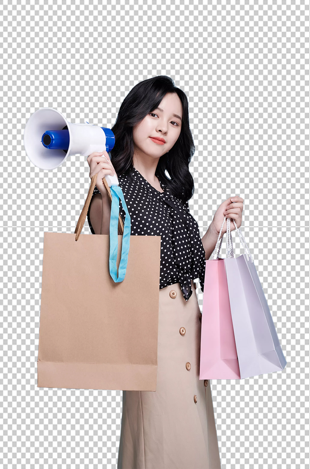 职业女性商场喇叭宣传购物精修PNG摄影图素材