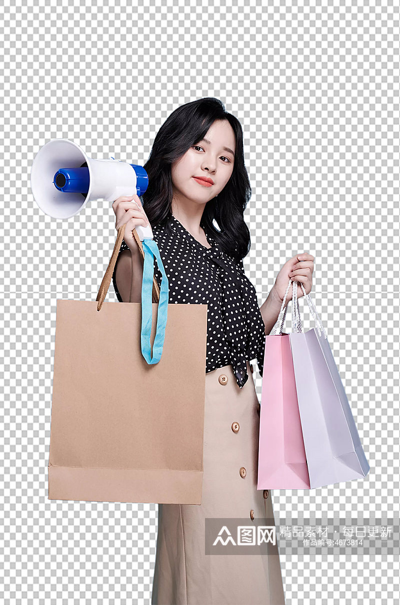 职业女性商场喇叭宣传购物精修PNG摄影图素材
