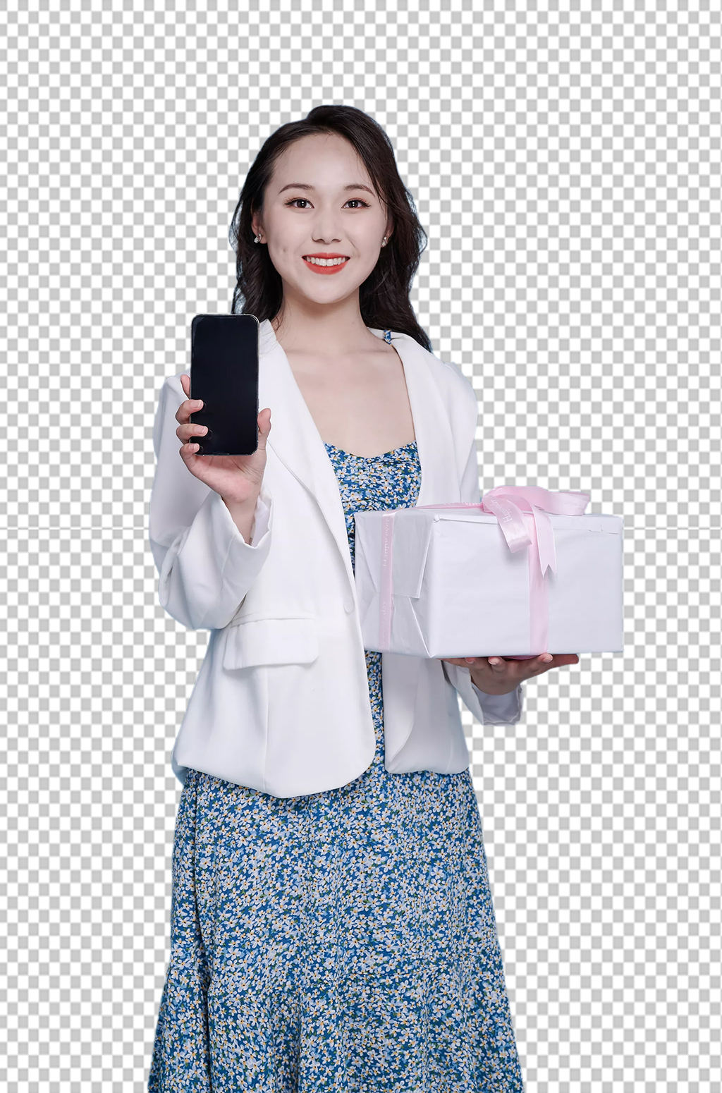 碎花裙女生手机商场购物精修PNG摄影图素材