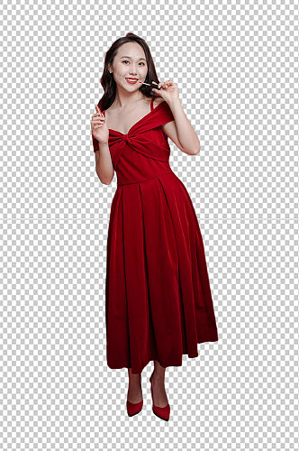 红裙子女生单人美妆新年购物PNG摄影图