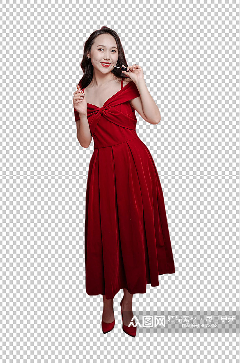 红裙子女生单人美妆新年购物PNG摄影图素材