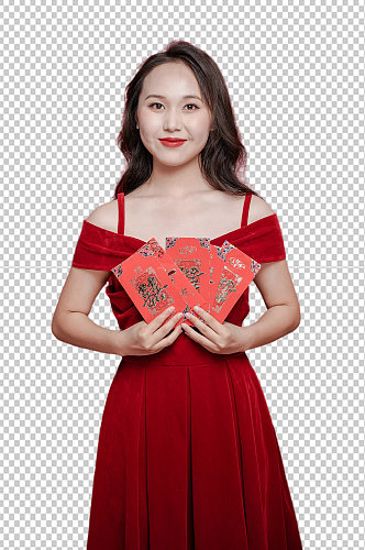 红裙子女生单人新年红包购物PNG摄影图