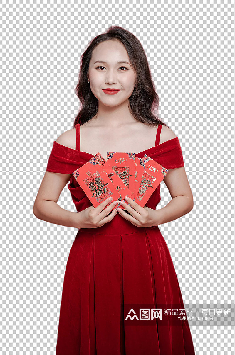 红裙子女生单人新年红包购物PNG摄影图素材