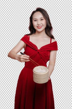红裙子女生单人新年美食购物PNG摄影图