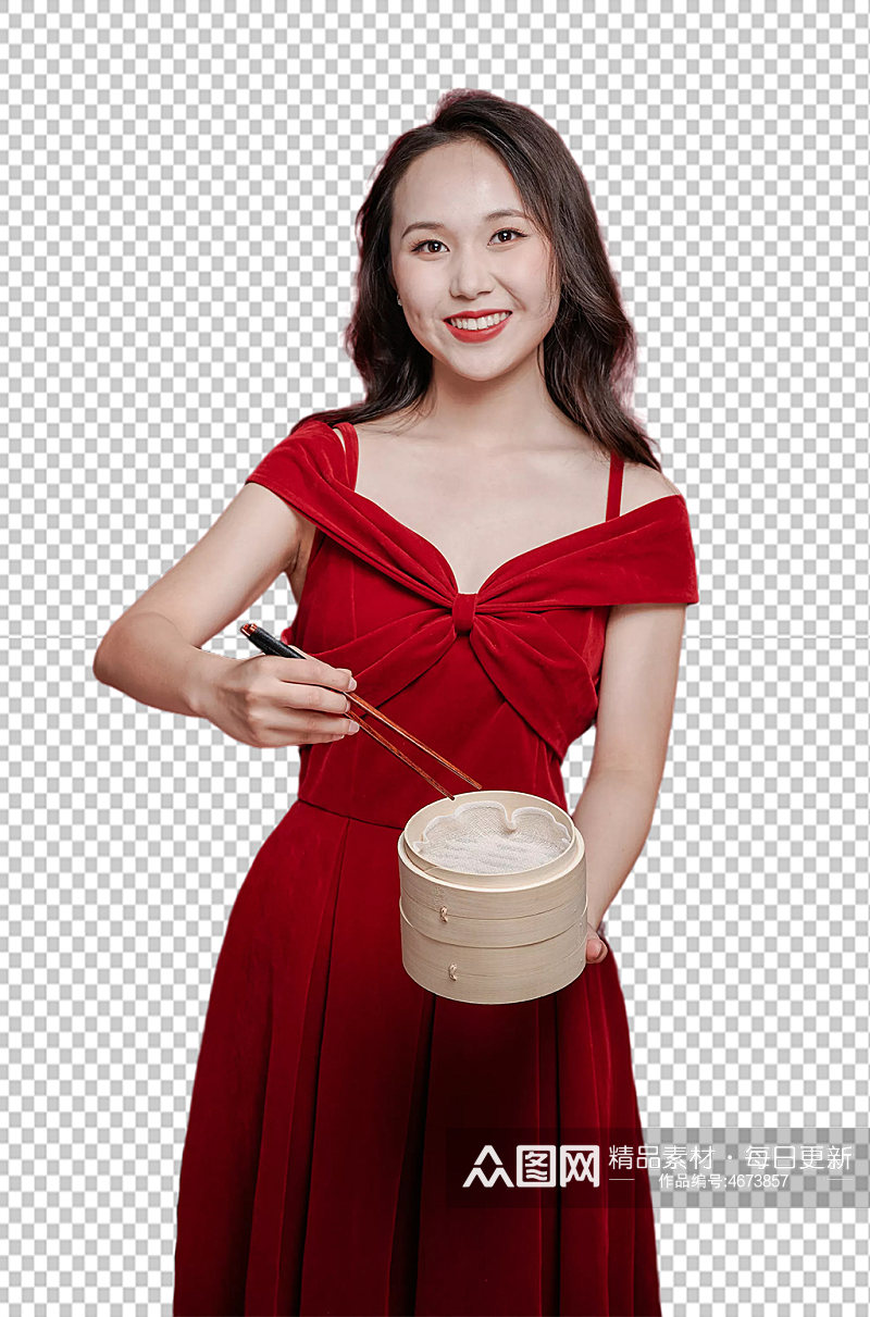 红裙子女生单人新年美食购物PNG摄影图素材
