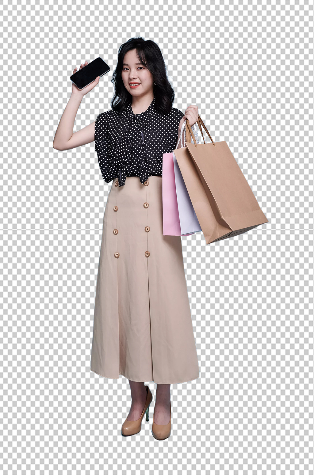 碎花裙女生单人手机商场购物PNG摄影图素材