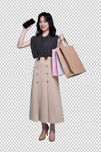碎花裙女生单人手机商场购物PNG摄影图