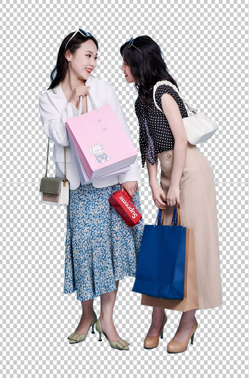 碎花裙女生双人开心商场购物PNG摄影图素材