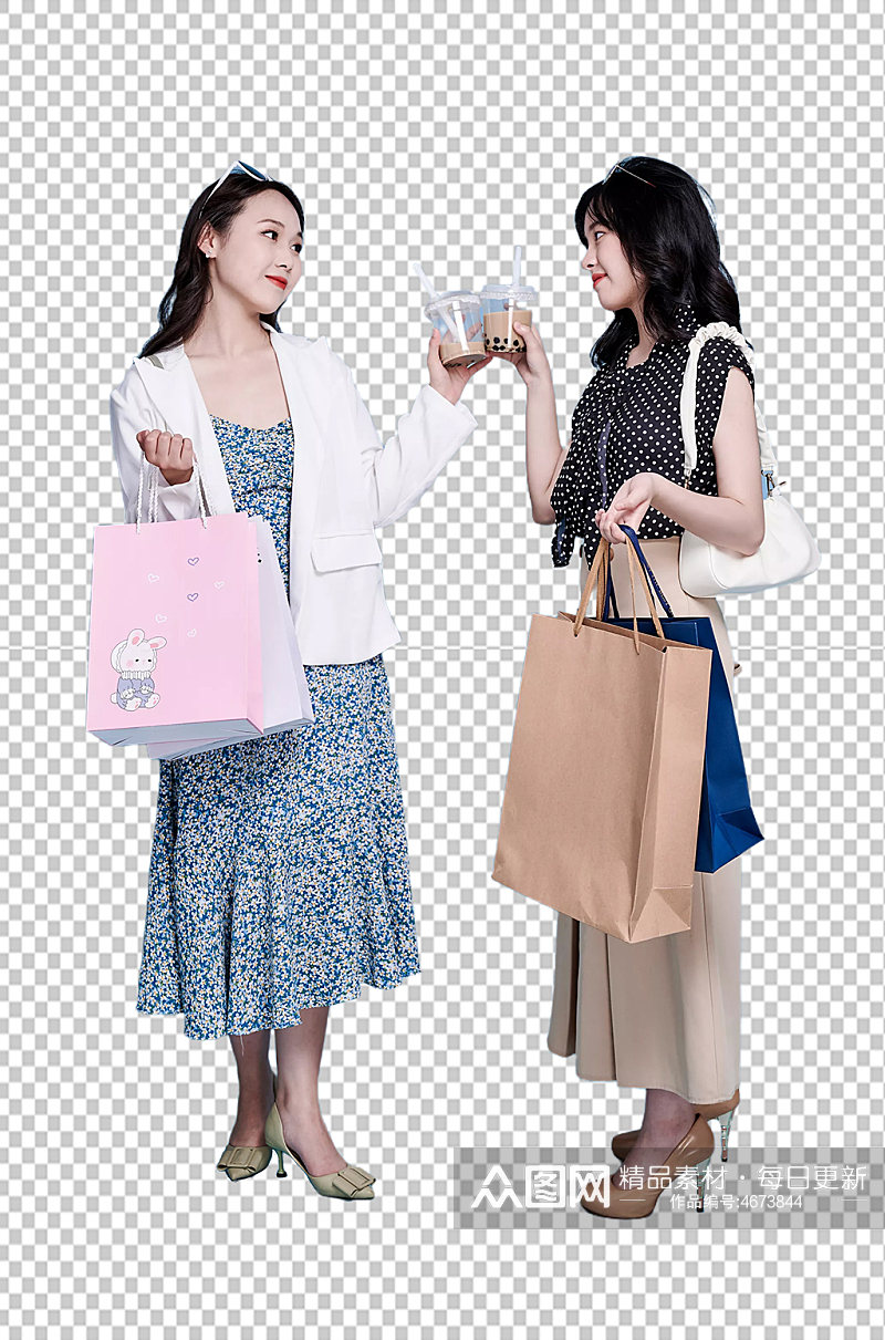 女性双人商场奶茶逛街购物PNG摄影图素材