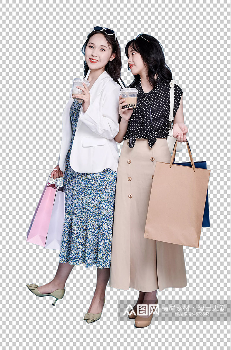 女生双人奶茶逛街商场购物PNG摄影图素材