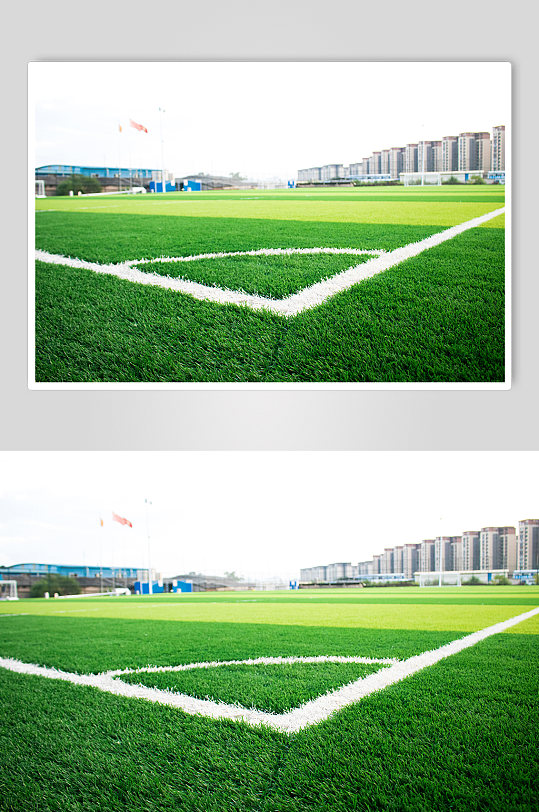 绿色草地草坪对角白线足球场摄影图照片