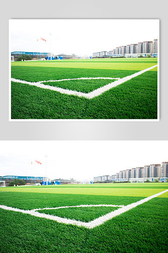 绿色草地草坪对角白线足球场摄影图照片