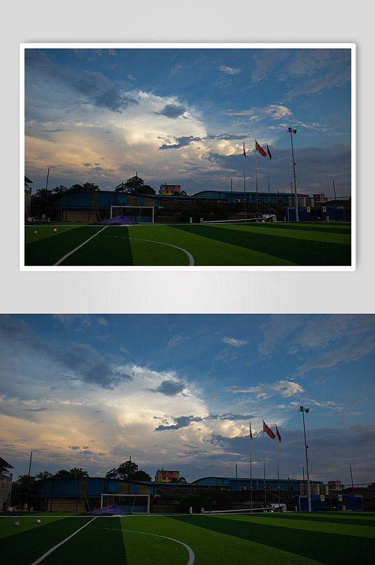 傍晚晚霞云朵足球场风景背景图摄影图照片