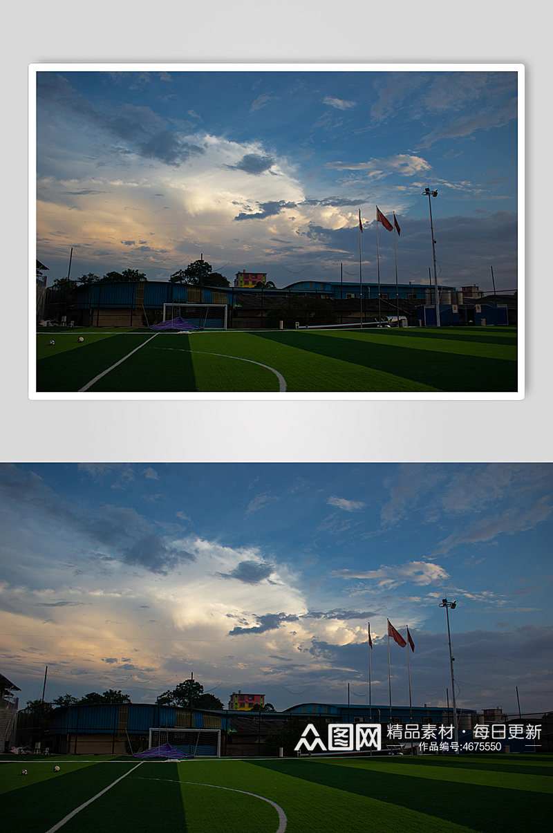 傍晚晚霞云朵足球场风景背景图摄影图照片素材
