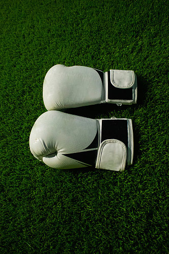 绿色草地运动场拳击手套摄影图照片
