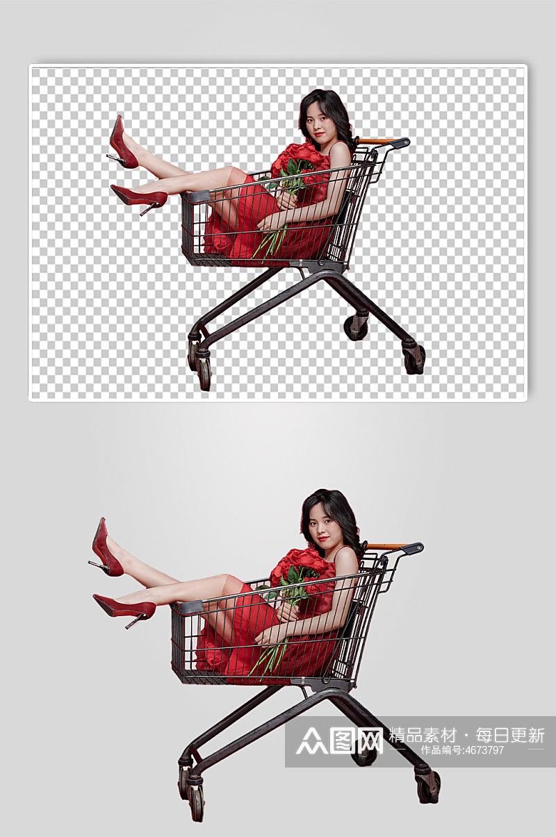 红裙子女生情人节新年购物精修PNG摄影图素材