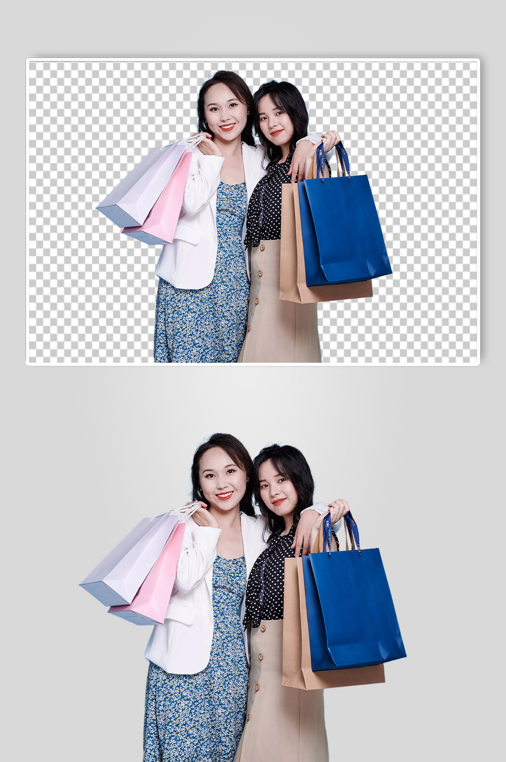 碎花裙女生双人商场购物PNG摄影图素材