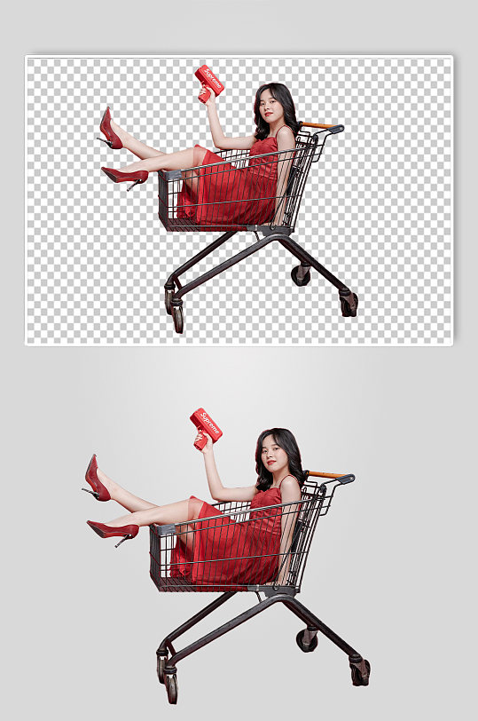 红裙子女生单人新年购物精修PNG摄影图