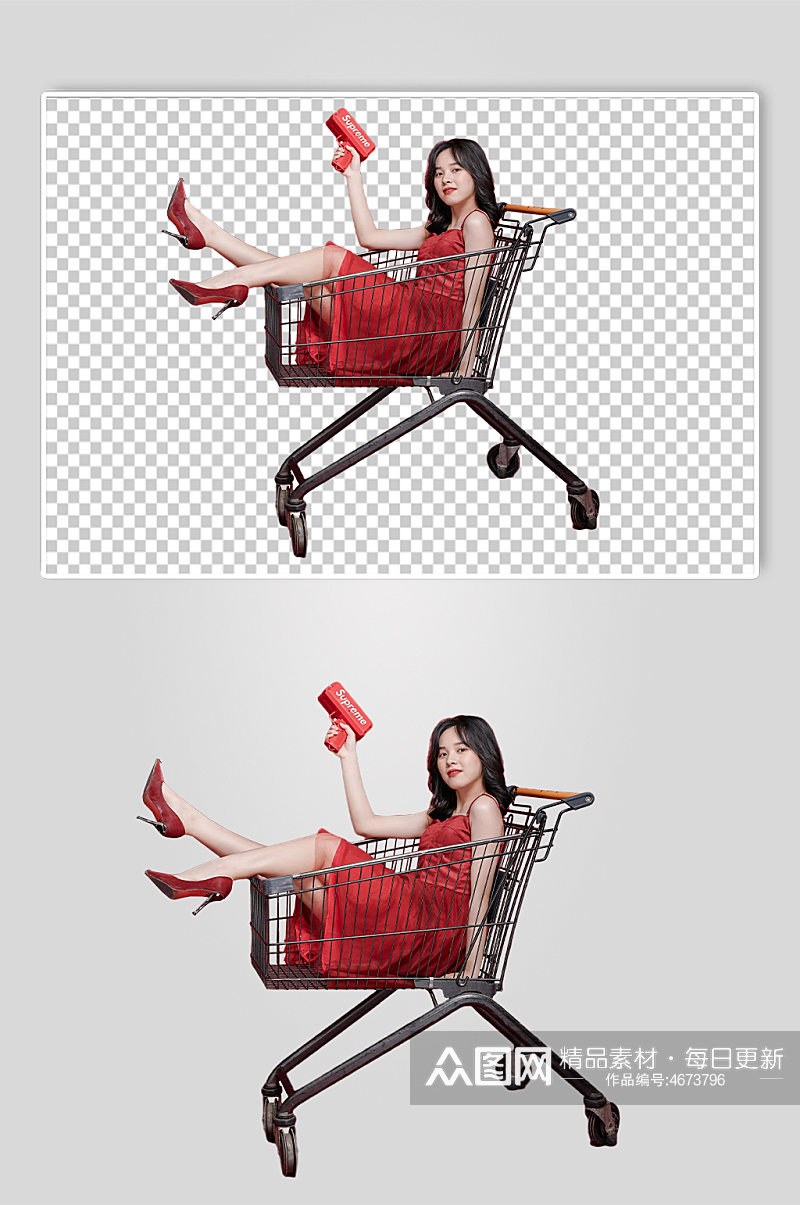 红裙子女生单人新年购物精修PNG摄影图素材