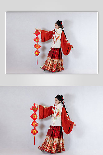 新年汉服女性中国结对联人物摄影精修图片