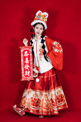 红色新年汉服女生恭喜发财人物摄影精修图片