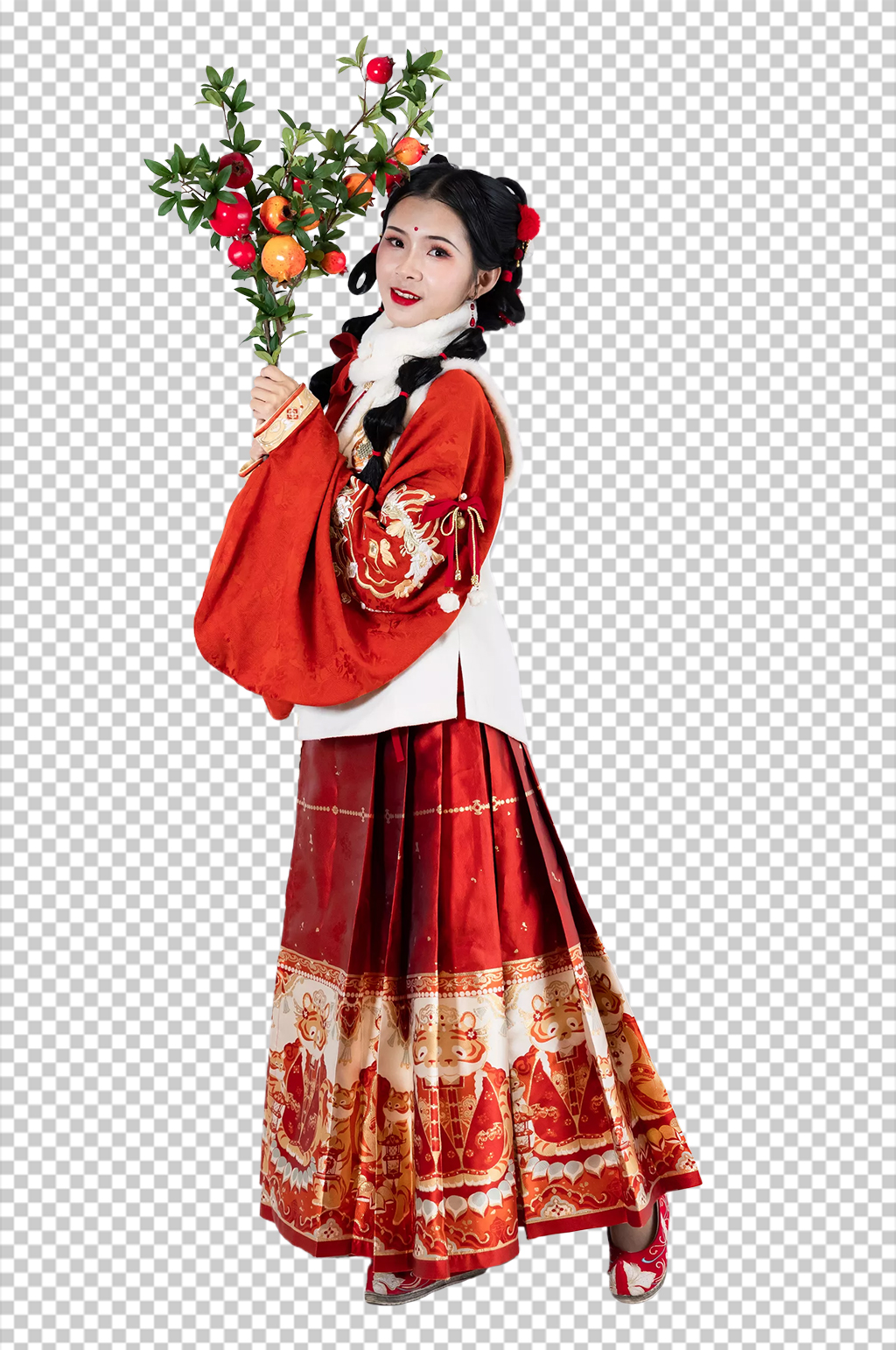红色石榴新年汉服女生人物PNG摄影图片素材