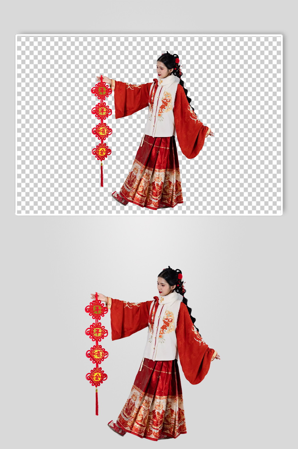 红色对联新年汉服女生人物PNG摄影图片素材