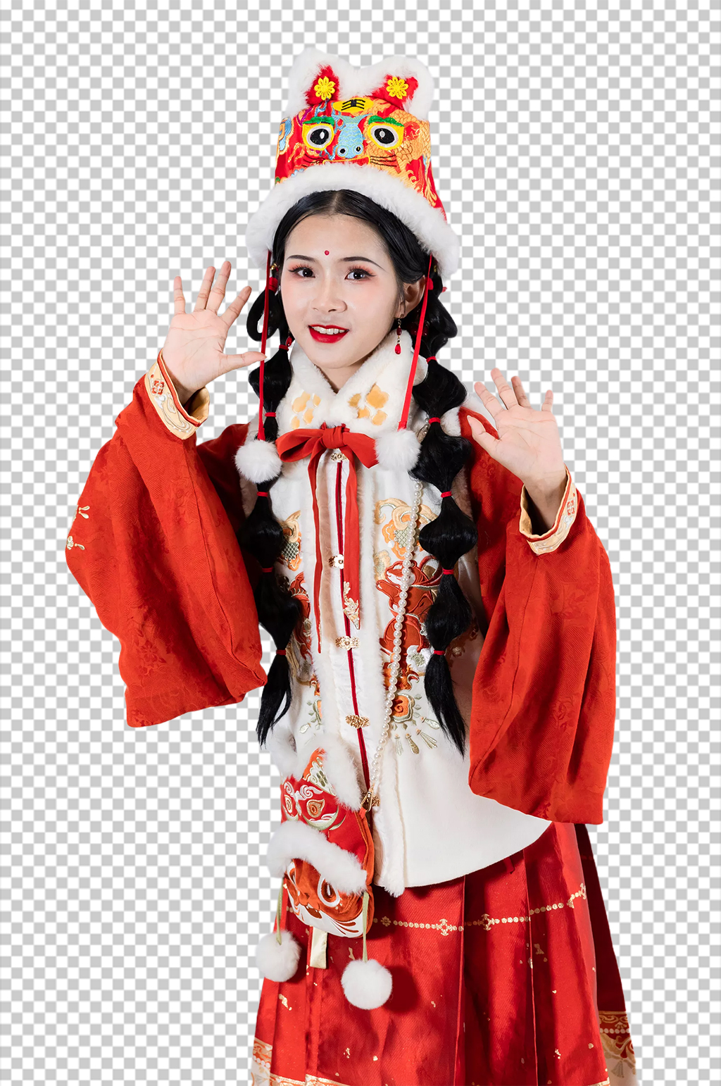 红色新年手势汉服女生人物PNG摄影图片素材