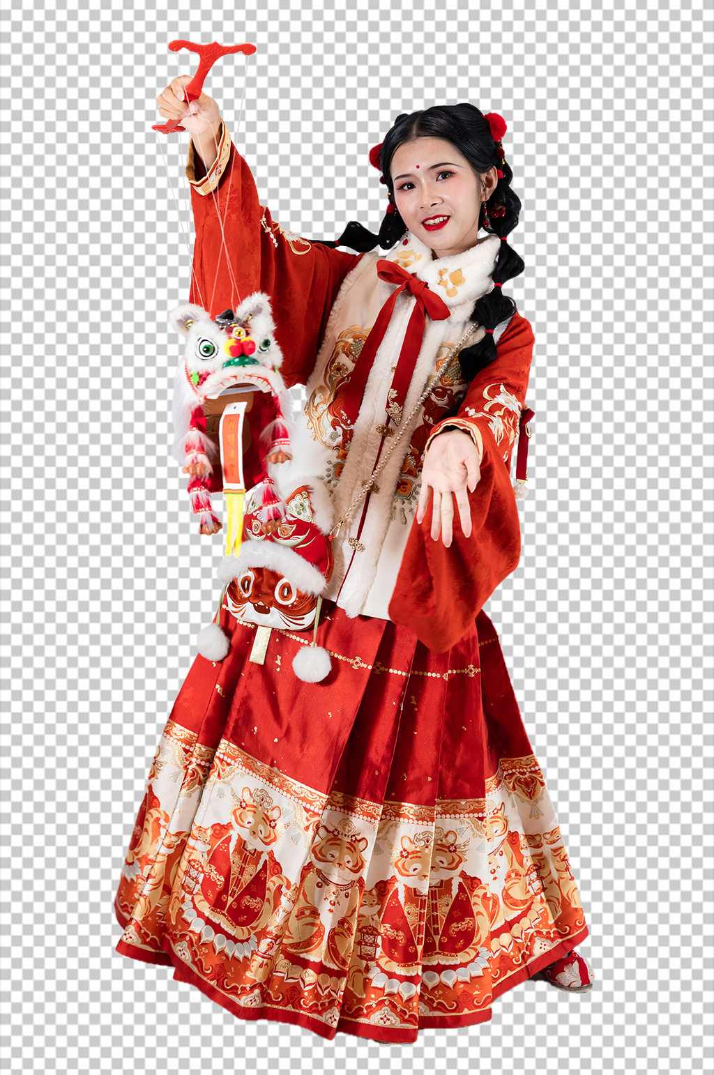 新年醒狮灯会汉服女生人物PNG摄影图片素材