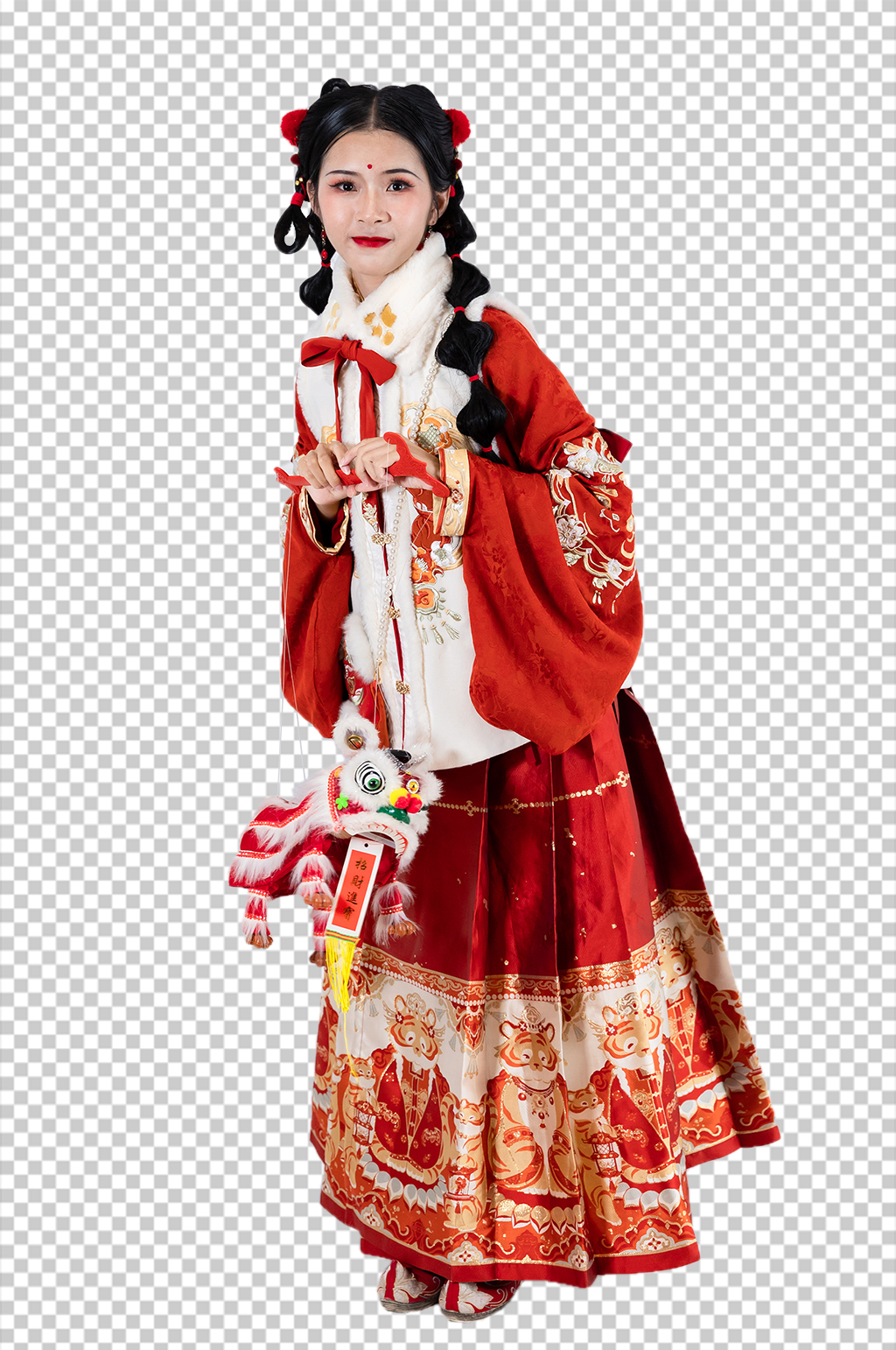 新年醒狮灯会汉服女生人物PNG摄影图片素材