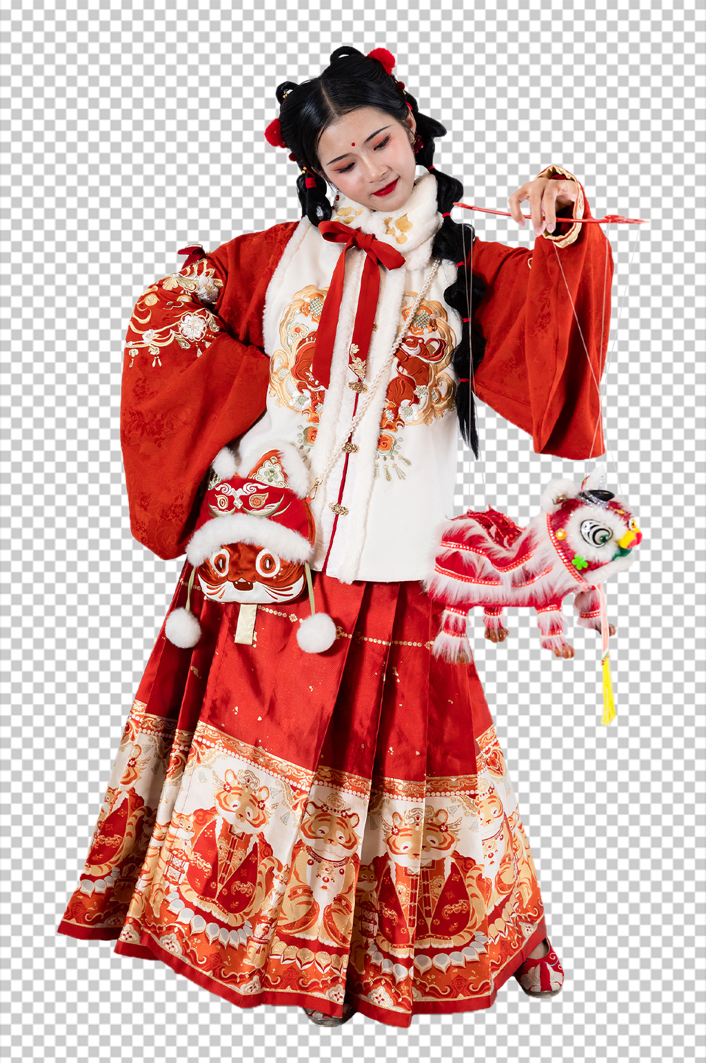 新年醒狮灯会汉服女生人物PNG摄影图片素材