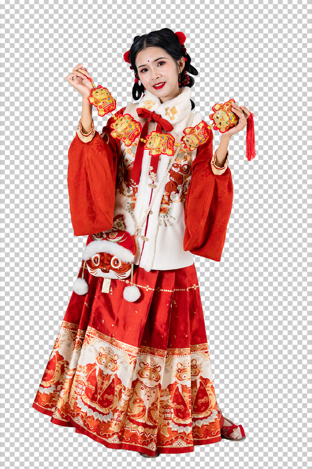 新年刺绣对联汉服女生人物PNG摄影图片素材