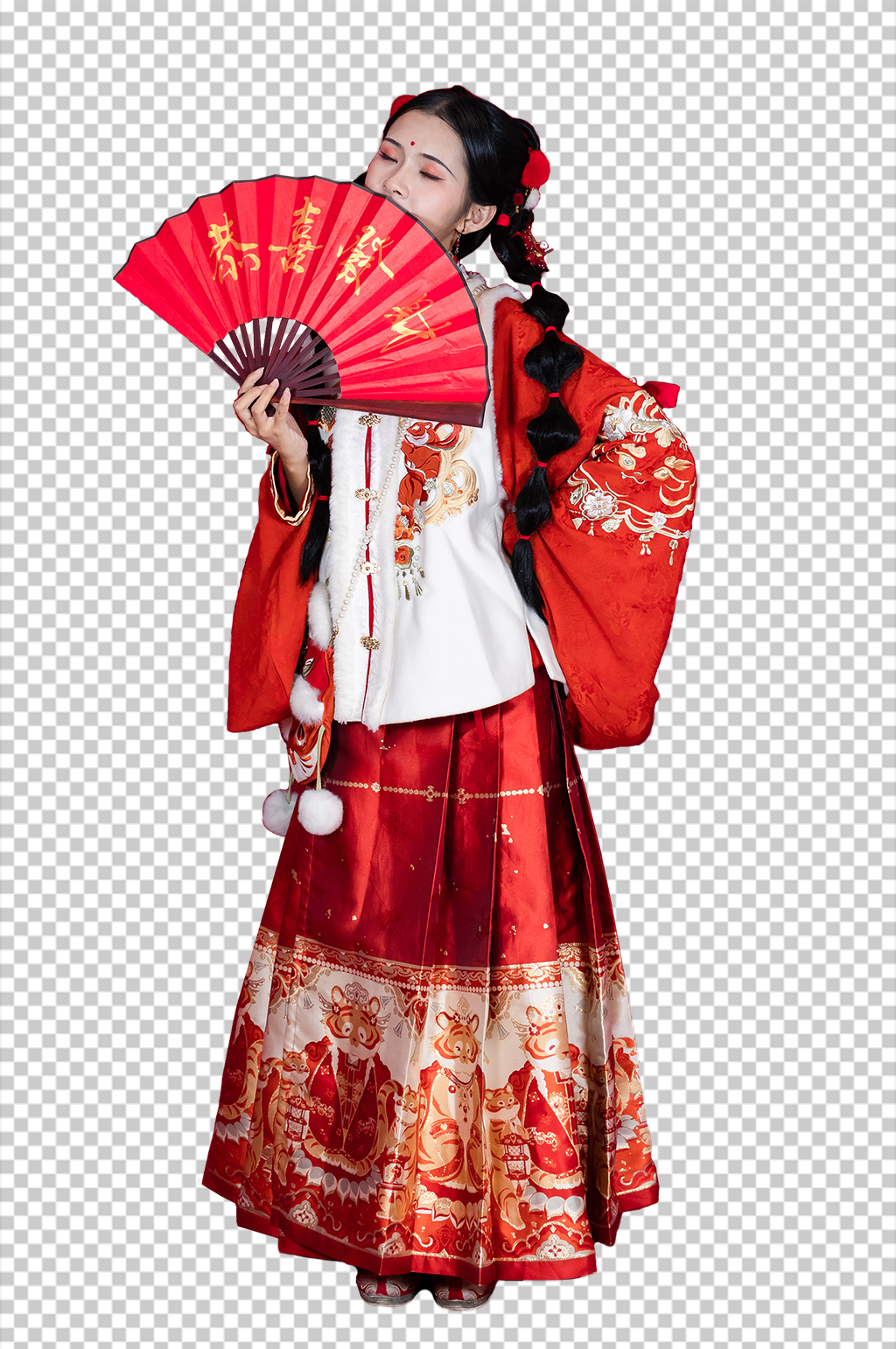新年恭喜发财扇子汉服女生人物PNG摄影图素材