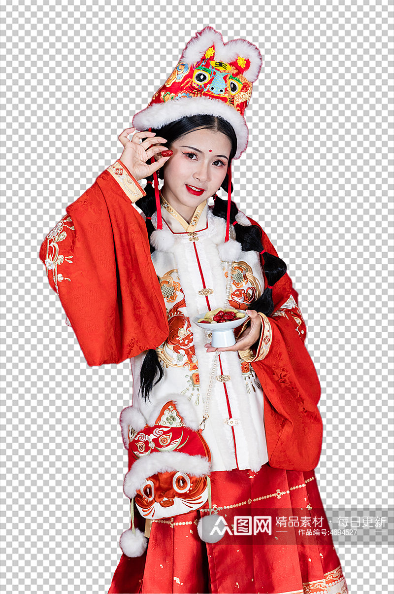 红色新年年货汉服女生人物免抠PNG摄影图素材