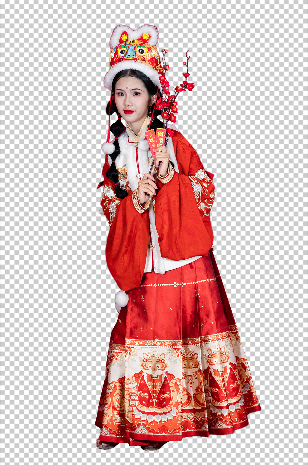 红色新年卡片汉服女生人物免抠PNG摄影图素材