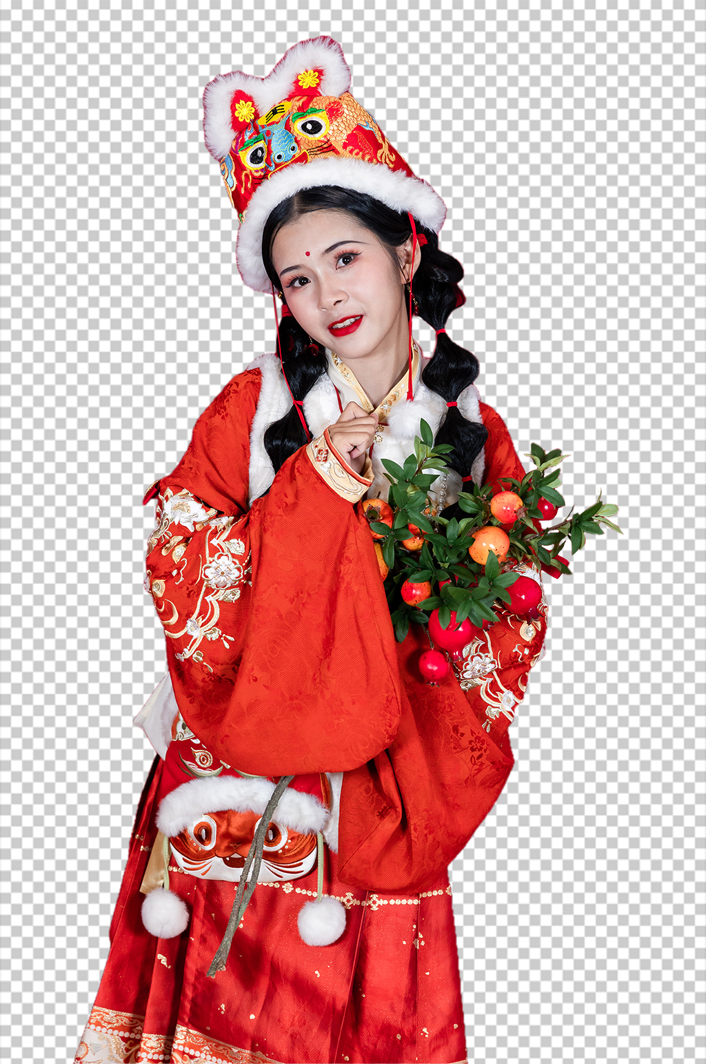 红色新年石榴汉服女生人物免抠PNG摄影图素材