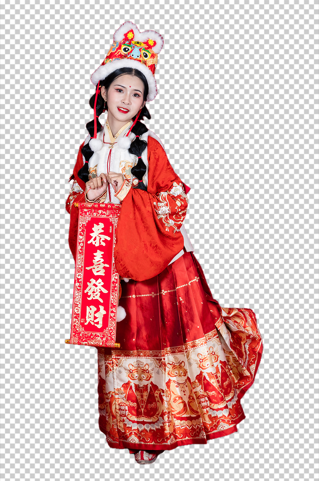 新年恭喜发财对联汉服女生人物PNG摄影图素材