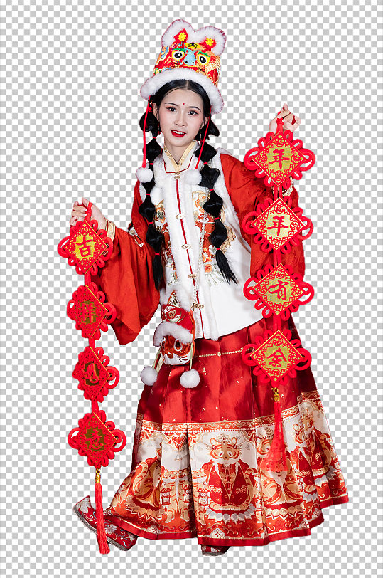 新年中国结对联汉服女生人物png摄影图片喜庆中国结设计元素立即下载