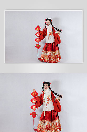 红中国结对联新年汉服女生人物PNG摄影图