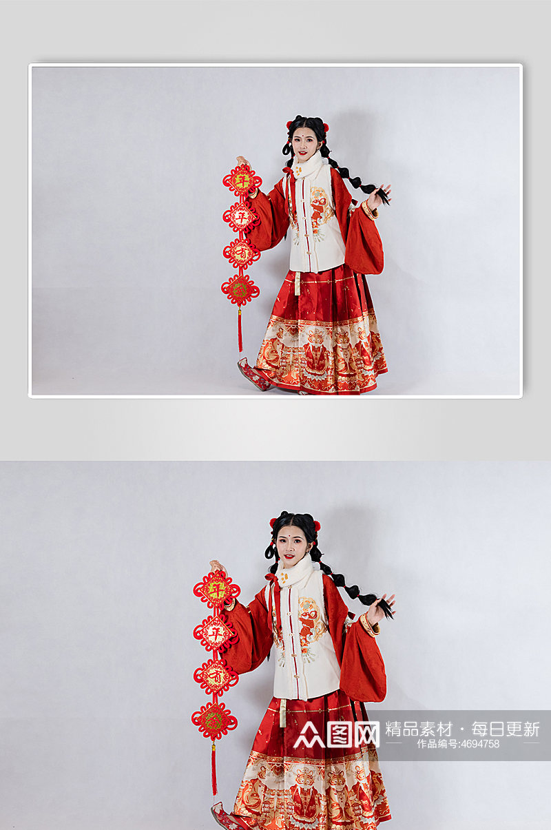红中国结对联新年汉服女生人物PNG摄影图素材