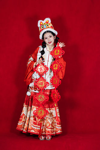 新年中国结对联汉服女生人物PNG摄影图