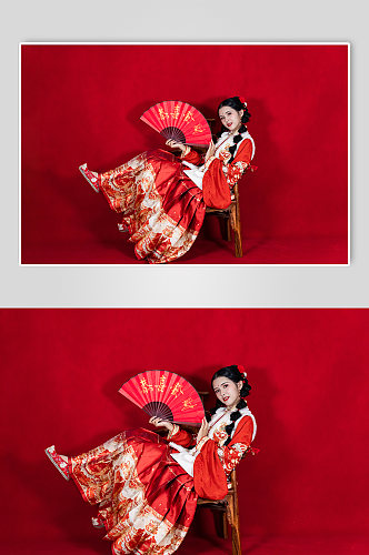 中式新年汉服女生折扇坐姿人物PNG摄影图