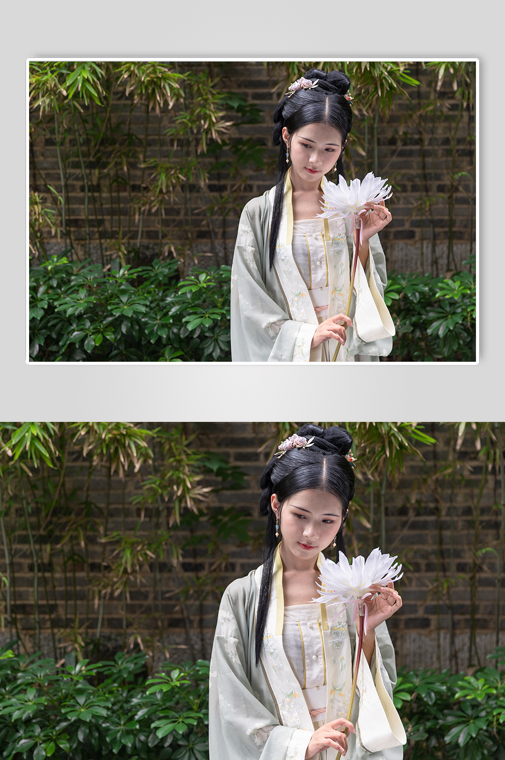 古装汉服女性人物绿叶手拿鲜花摄影图素材