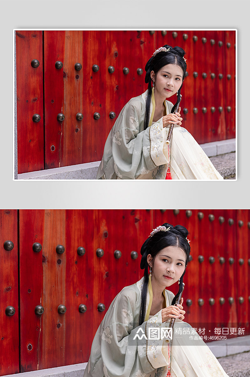中式古装汉服女性手拿坐姿横笛人物摄影图素材