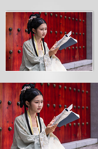 中式古装汉服女性背诗词本坐姿人物摄影图