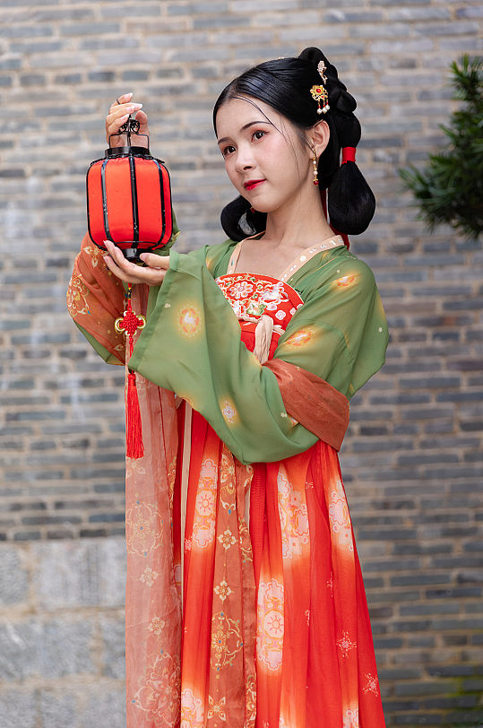 唐制古装汉服女性手提红灯笼人物摄影图