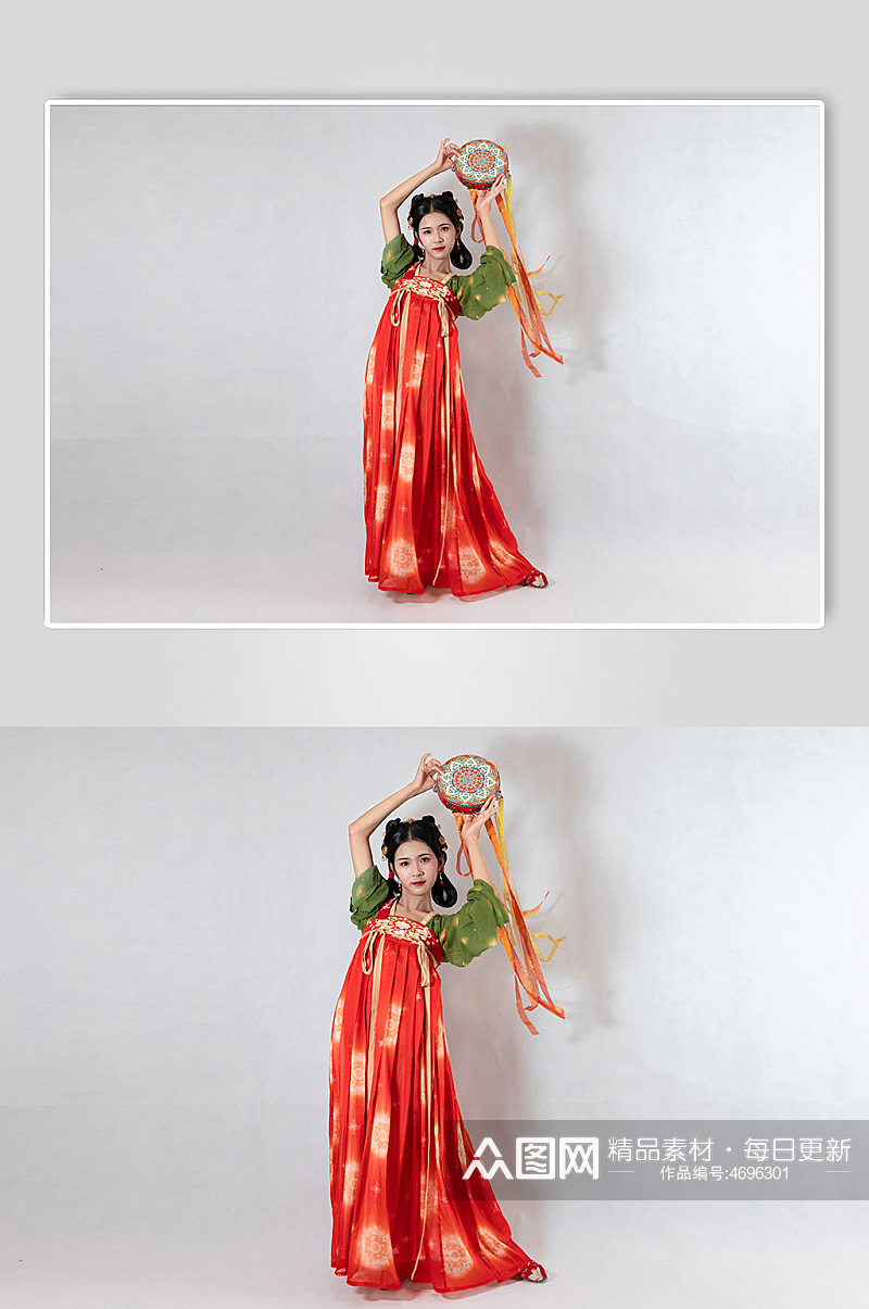 唐制古装汉服女性反手手鼓舞人物摄影图素材