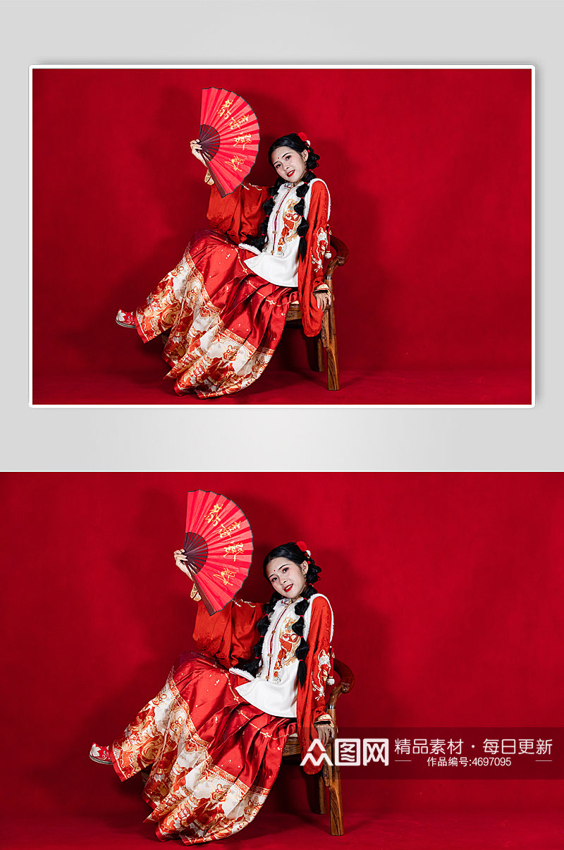红色新年刺绣汉服女生折扇人物摄影图片素材
