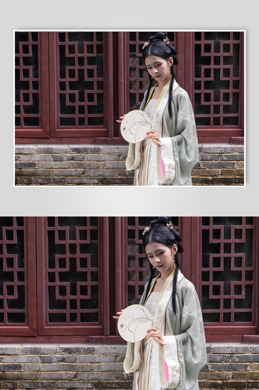 宋制汉服女性人物蒲扇古建筑走姿摄影图素材